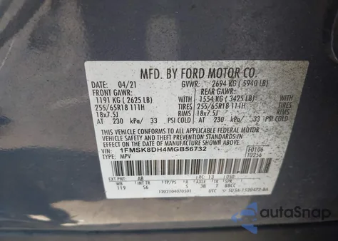 2021 Ford Explorer Xlt from USA, damaged, VIN 1FMSK8DH4MGB56732